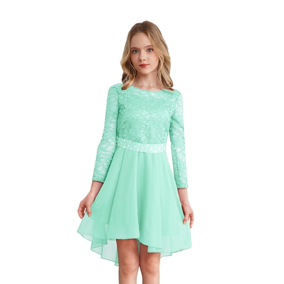 Zaldita Kids Flower Girl Lace Chiffon Dress Long Sleeve High-Low Hem Junior Bridesmaid Dresses Mint Green 12