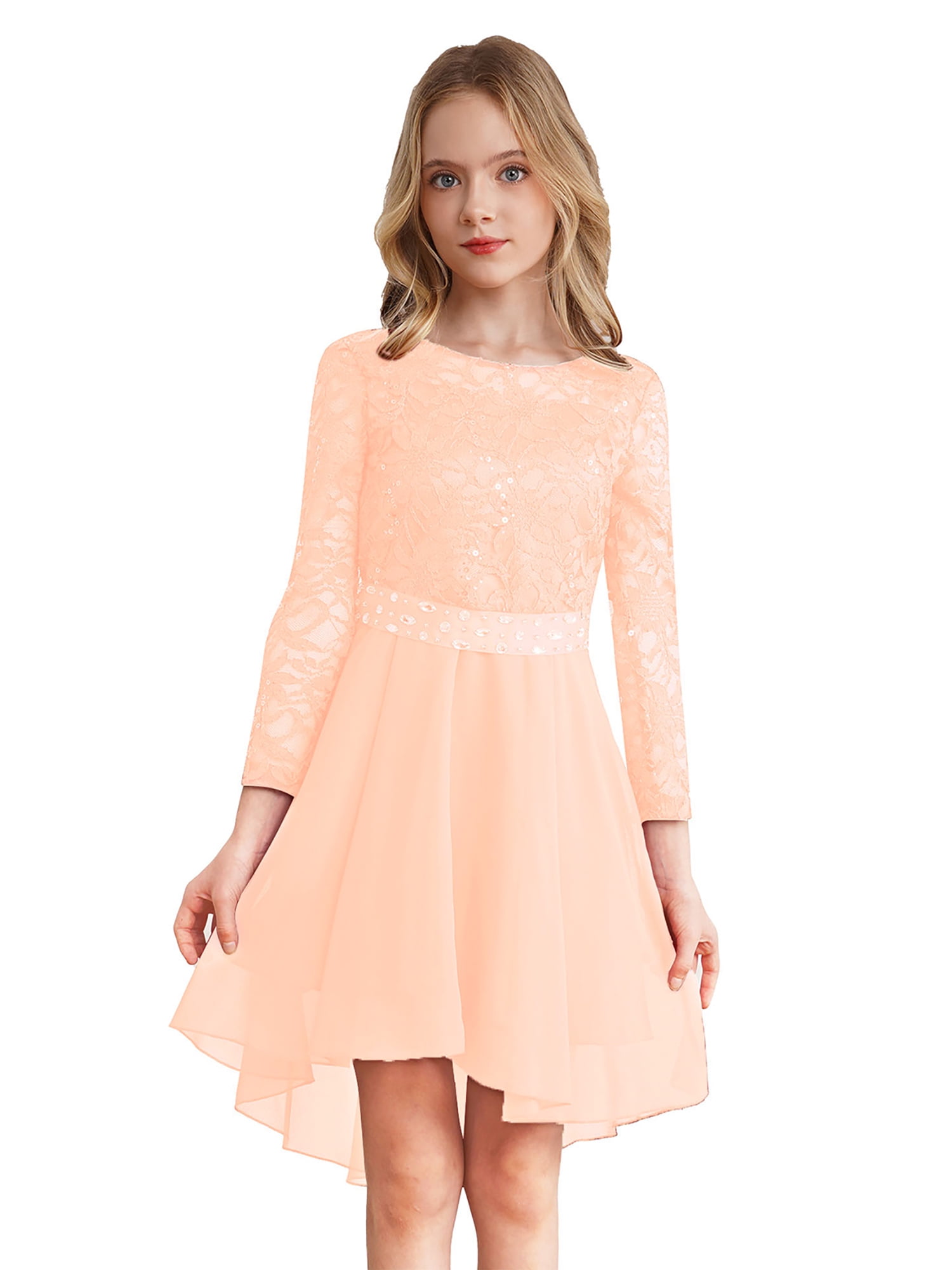 Zaldita Kids Flower Girl Lace Chiffon Dress Long Sleeve High-Low Hem Junior Bridesmaid  Dresses Nude 6