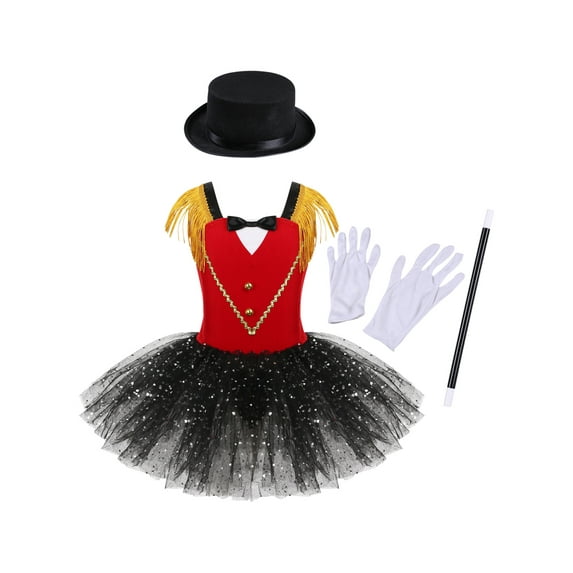 Zaldita Kids Girl Deluxe Circus Outfit Tutu Leotard Dress with Hat Magic Wand Glove Carnival Parade Red 4T