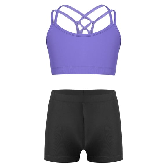 Zaldita Kids Girls 2Pcs Activewear Set Gymnastics Dance Sports Bra Crop Tops and Booty Shorts Tankini Lavender&Black 8