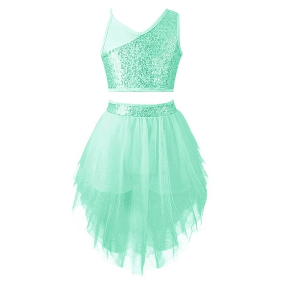 Zaldita Kids Girls 2Pcs Lyrical Ballet Modern Dance Outfits Sequins Crop Tops with Irregular Hem Mint Green 6