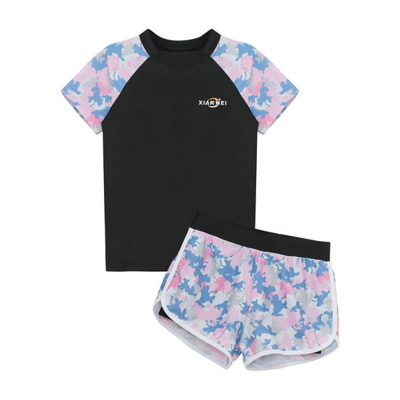 Zaldita Kids Girls 2pcs Beach Bathing Suit Short Sleeve Rash Guard Shirt Top with Shorts Set Black XXL