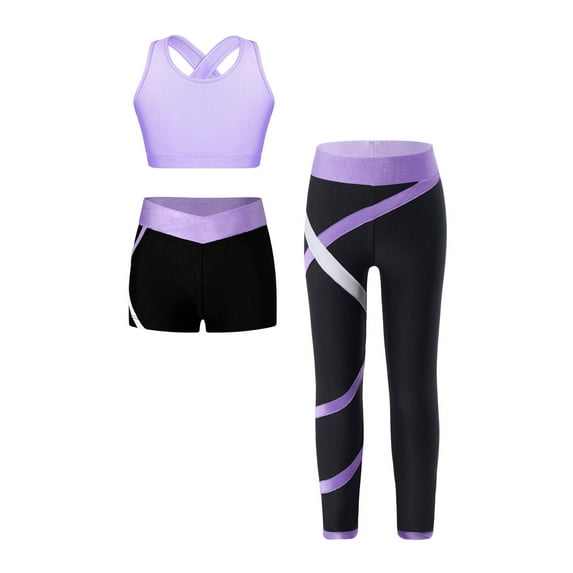 Zaldita Kids Girls 3 Piece Gymnastics Outfit U Neck Crisscross Tank Dance Crop Top Vest with Yoga Lavender 14