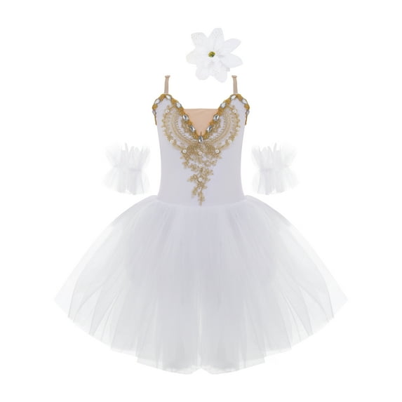 Zaldita Kids Girls Adjustable Straps Lace Rhinestone Swan Dance Ballet Tutu Dress Camisole Skirted Leotard Dancewear A White 5-6