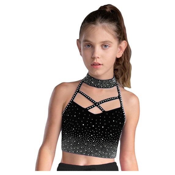 Zaldita Kids Girls Ballet Dance Crop Tank Top Gymnastics Yoga Sports Top Shiny Rhinestone Shirt for Stage Performance Black 12