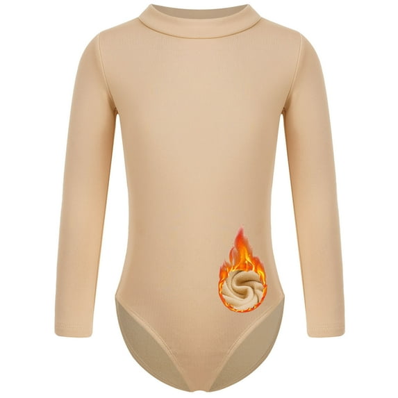Zaldita Kids Girls Ballet Dance Gymnastics Fleece Leotard Long Sleeve Nude Bodysuit Athletic Biketard Top Mock Neck 15-16