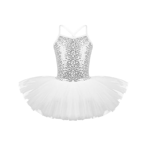 Zaldita Kids Girls Ballet Dance Tutu Dress Sequin Camisole Mesh Skirt Gymnastics Leotard Dancewear White 2-3