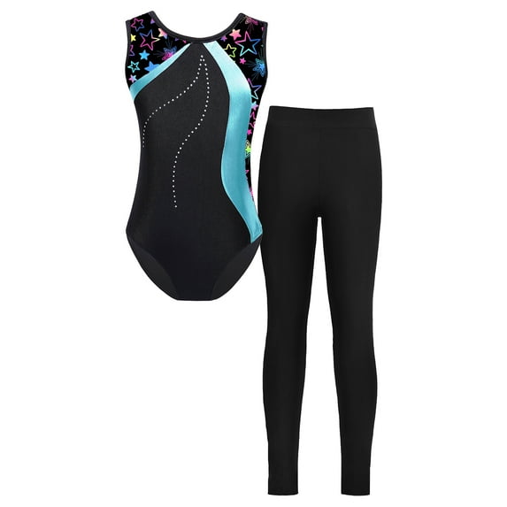 Zaldita Kids Girls Ballet Gymnastics Outfits Sleeveless Dance Leotard Top with Leggings 2Pcs Gym Blue Green 12