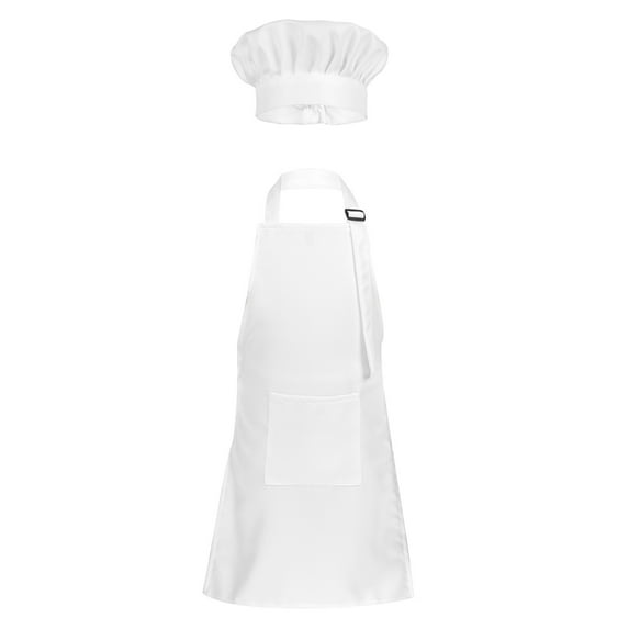 Zaldita Kids Girls Boys Adjustable Strap Apron and Chef Hat Set for Cooking Baking Painting Carnival White S