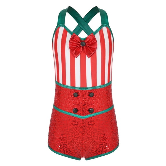 Zaldita Kids Girls Christmas Striped Leotards Candy Cane Sleeveless Unitard Jumpsuit Performance Red 6