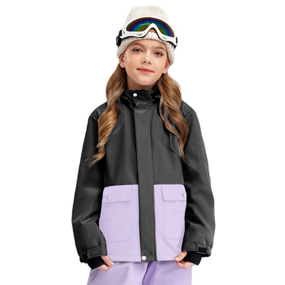 Zaldita Kids Girls Color Block Ski Jacket Thick Warm Hooded Jacket Windproof Snowboard Coat Snowsuit Black 10