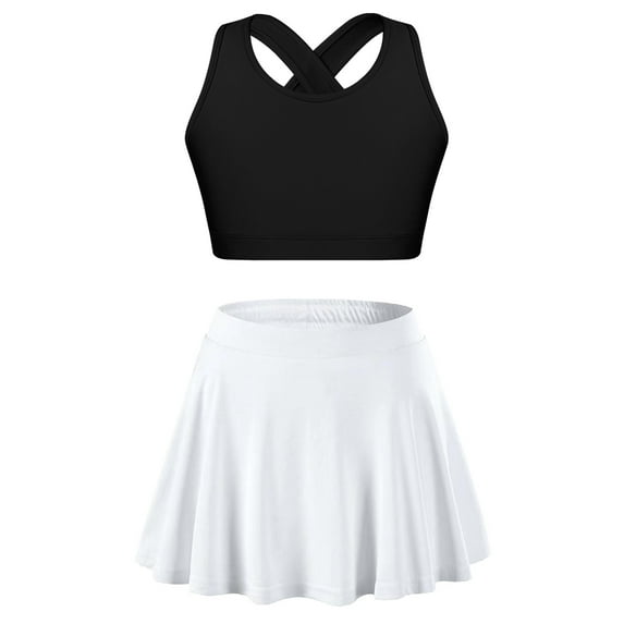 Zaldita Kids Girls Crop Tank Top and Tennis Golf Skirt with Built-in Shorts Set Workout Athletic Black&White 8