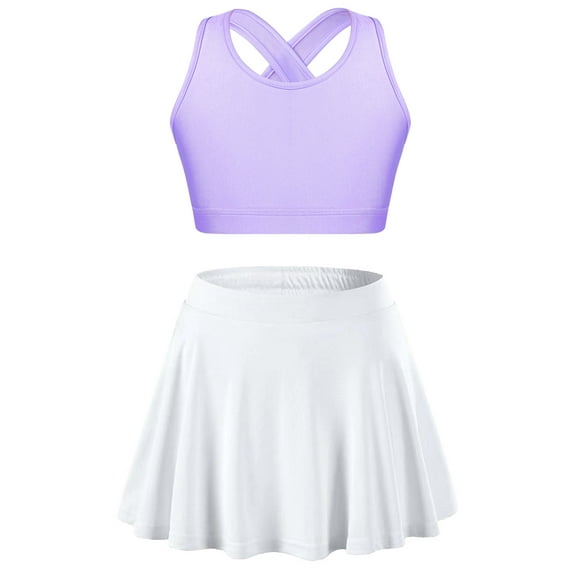Zaldita Kids Girls Crop Tank Top and Tennis Golf Skirt with Built-in Shorts Set Workout Athletic Lavender&White 6