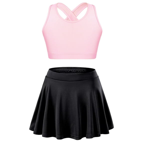 Zaldita Kids Girls Crop Tank Top and Tennis Golf Skirt with Built-in Shorts Set Workout Athletic Pink&Black 12