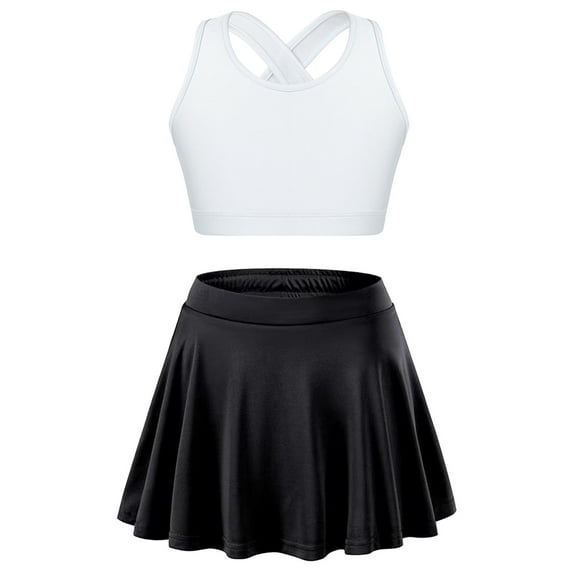 Zaldita Kids Girls Crop Tank Top and Tennis Golf Skirt with Built-in Shorts Set Workout Athletic White&Black 8