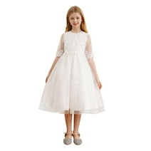 Zaldita Kids Girls Floral Lace First Communion Dress Half Sleeve Tulle Princess Birthday Party Gown White 12