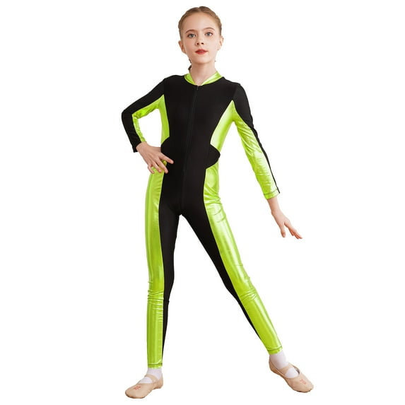 Zaldita Kids Girls Full Body Long Sleeve Unitard One Piece Gymnastics Leotard Metallic Color Block Fluorescent Green 8