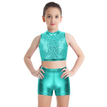 Zaldita Kids Girls Hip Hop Outfit Sequin Tank Dance Crop Tops and Ballet Shorts Booty Shorts Set Lake Green 6