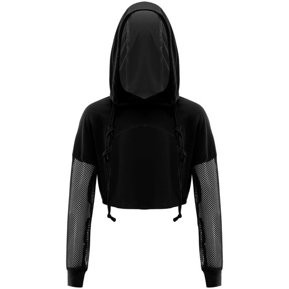 Zaldita Kids Girls Long Sleeve Cropped Hoodie Mesh Hooded Pullover Modern Jazz Street Dance Tops Black 12