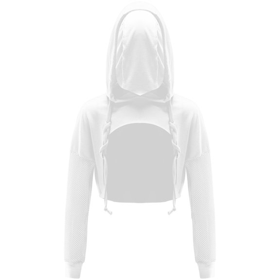 Zaldita Kids Girls Long Sleeve Cropped Hoodie Mesh Hooded Pullover Modern Jazz Street Dance Tops White 14