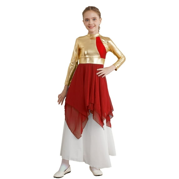 Zaldita Kids Girls Long Sleeve Shiny Metallic Lyrical Praise Dance Dress Chiffon Church Robe Tunic A Red 8