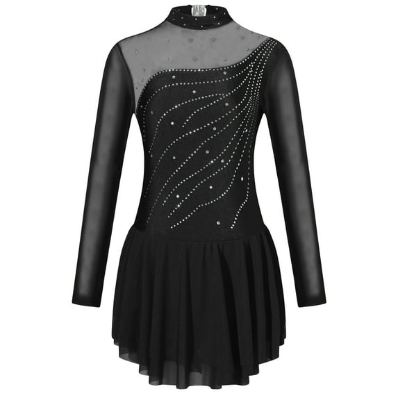 Zaldita Kids Girls Long Sleeves Ballet Dance Leotards Dress Shiny Diamond Hollow Back Figure Ice Skating Dress A Black 10