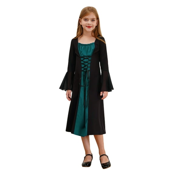 Zaldita Kids Girls Medieval Maiden Princess Dress-up Bell Sleeve Maxi Dress Party Gown Green 16