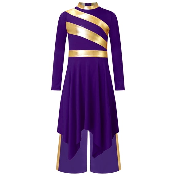 Zaldita Kids Girls Metallic Long Sleeve Lyrical Praise Dance Dress Tunic Worship Gown Church Robe with Wide Leg Pants Purple 10