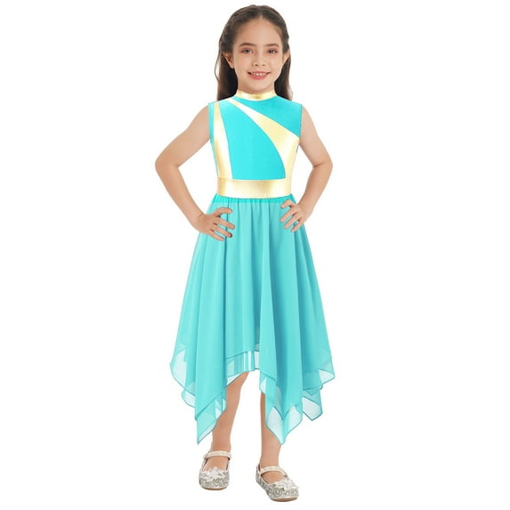 Zaldita Kids Girls Metallic Shiny Chiffon Praise Dance Dress Asymmetrical Hem Lyrical Ballet Modern Dance Costume A Turquoise 16