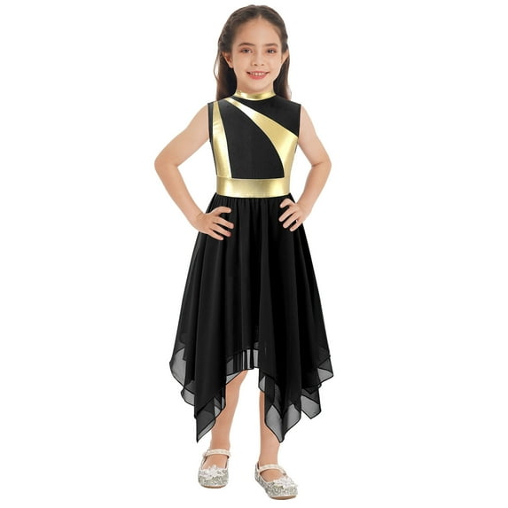 Zaldita Kids Girls Metallic Shiny Chiffon Praise Dance Dress Asymmetrical Hem Lyrical Ballet Modern Dance Costume Black 16