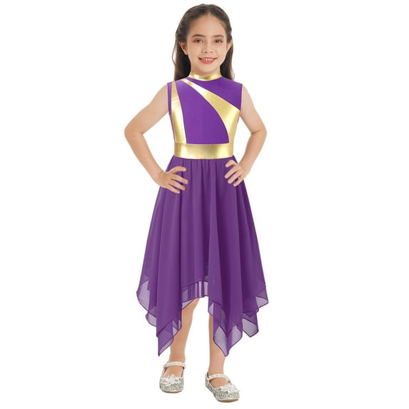 Zaldita Kids Girls Metallic Shiny Chiffon Praise Dance Dress Asymmetrical Hem Lyrical Ballet Modern Dance Costume Purple 16