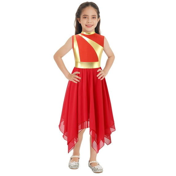 Zaldita Kids Girls Metallic Shiny Chiffon Praise Dance Dress Asymmetrical Hem Lyrical Ballet Modern Dance Costume Red 8