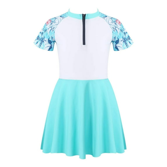 Zaldita Kids Girls Mock Neck Short Sleeve Swim Dress Summer Beach Bathing Suit Holiday Beach Wear Light Green 10