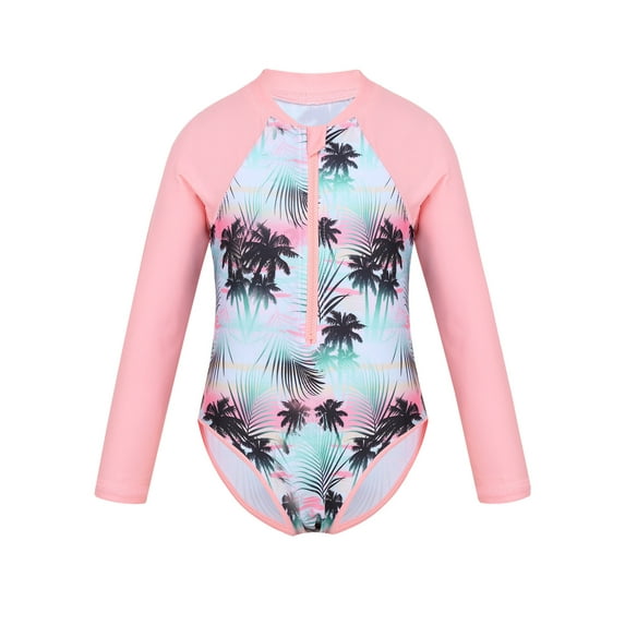 Zaldita Kids Girls One Piece Swimsuit Sun Protection UPF 50+ Long Sleeves Rash Guard Swimwear Pink 14