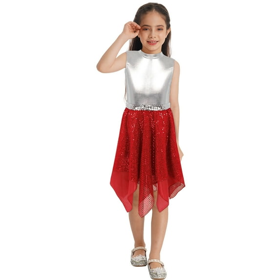 Zaldita Kids Girls Praise Dance Dress Color Block Sleeveless Asymmetrical Ballet Contemporary Dance Costume A Red 16