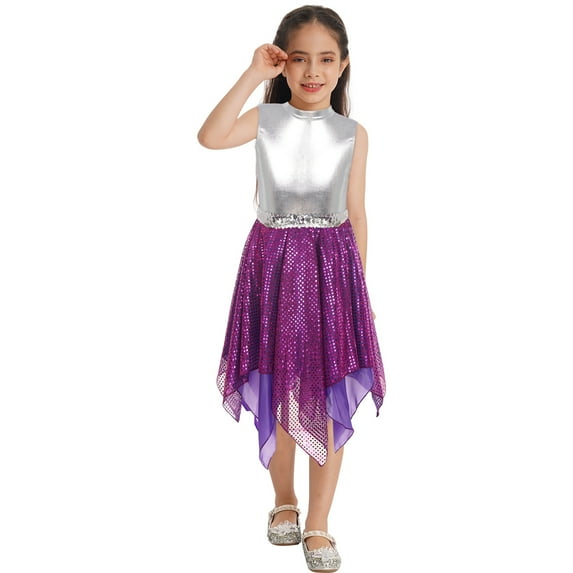 Zaldita Kids Girls Praise Dance Dress Color Block Sleeveless Asymmetrical Ballet Contemporary Dance Costume Purple 8