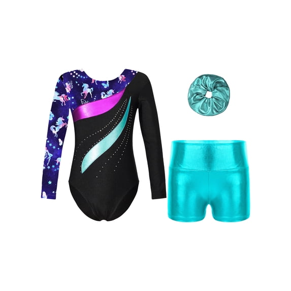 Zaldita Kids Girls Print Long Sleeve Gymnastics Leotard Dance Biketard with Shorts Hair Scrunchies Set Dancewear Blue Green 10
