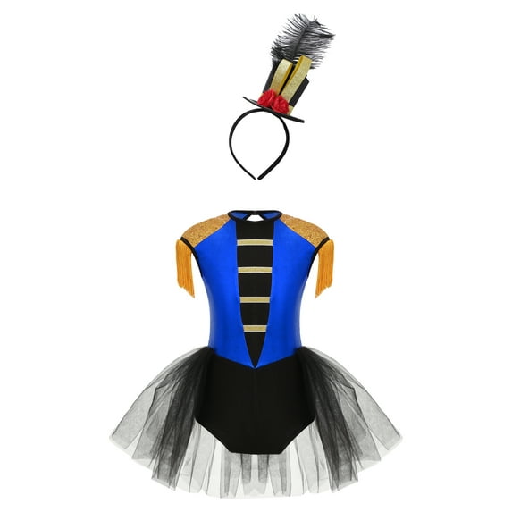 Zaldita Kids Girls Ringmaster Circus Halloween Costume Tassels Dance Leotard Dress with Steampunk Hat Royal Blue 12