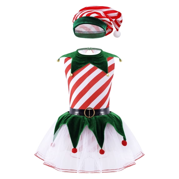 Zaldita Kids Girls Santa Elf Christmas Costume Candy Cane Striped Gymnastics Leotard Ballet Tutu Green 14