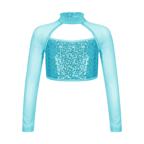 Zaldita Kids Girls Sequin Mock Neck Long Sleeve Gymnastics Dance Crop Top Jazz Hip Hop Athletic Shirt Streetwear Lake Blue 12