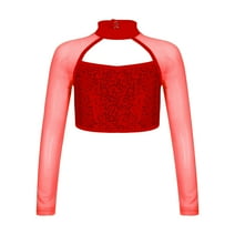 Zaldita Kids Girls Sequin Mock Neck Long Sleeve Gymnastics Dance Crop Top Jazz Hip Hop Athletic Shirt Streetwear Red 6