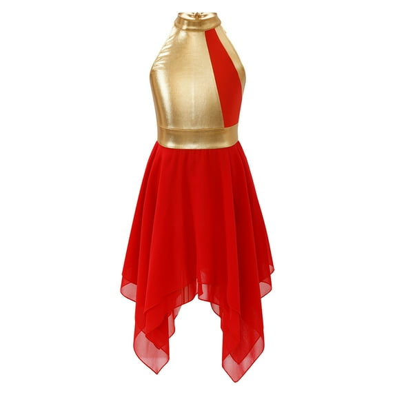 Zaldita Kids Girls Sequined Metallic Praise Dance Overlay Dress Color Block Ballet Modern Chiffon Lyrical Dress Red 6