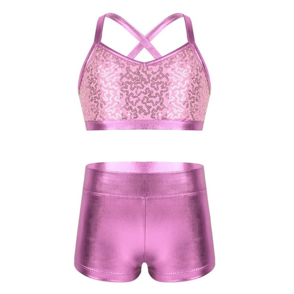 Zaldita Kids Girls Sequins Crop Top and Shorts Set Ballet Dance Gymnastics Outfits Jazz Hip-hop Dance Costumes Pink 8-10