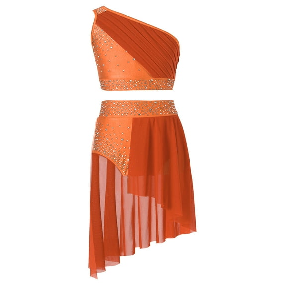 Zaldita Kids Girls Shiny Ballet Lyrical Dance Dress One Shoulder Rhinestone Crop Top with Sheer Mesh Skirted Outfit Orange 16
