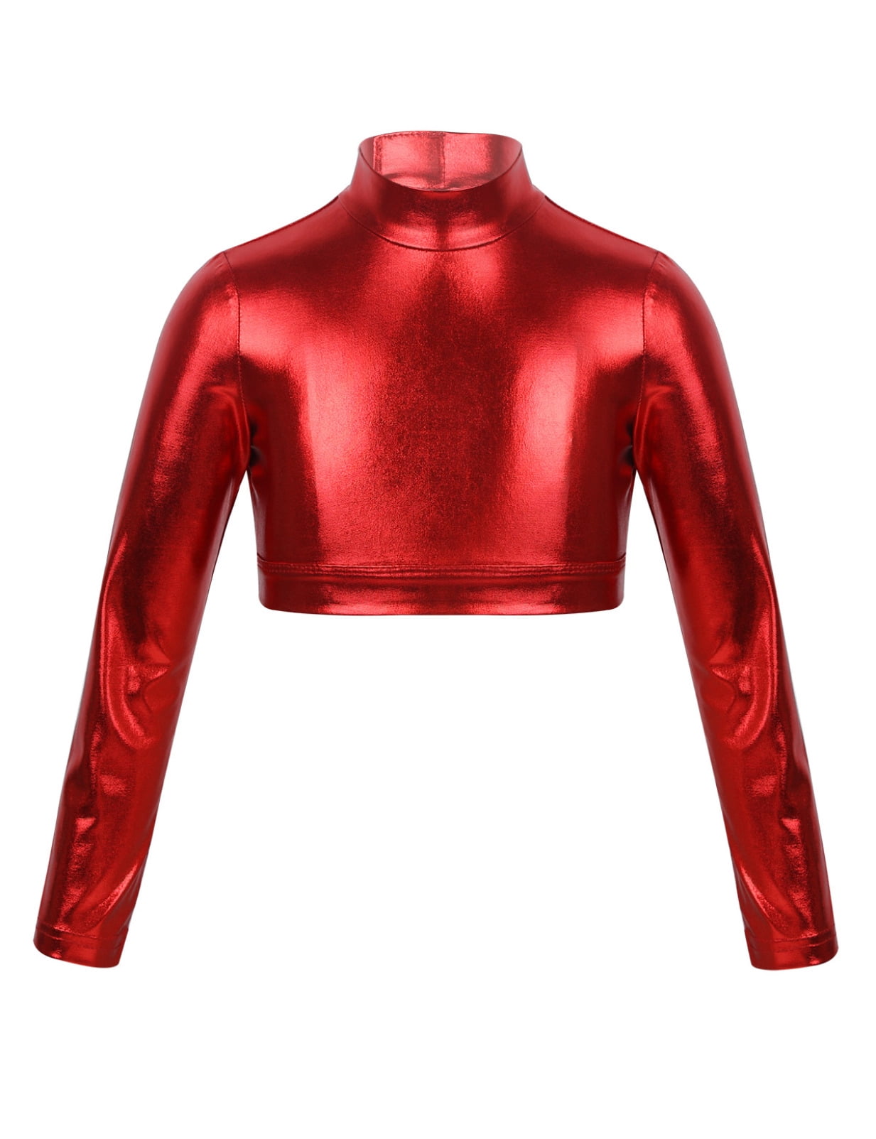 XUNZOO Women's Shiny Metallic Crop Top - Long Sleeve High Neck, Stretch Polyester Spandex, Gold, Rave & Festival Wear - View #7