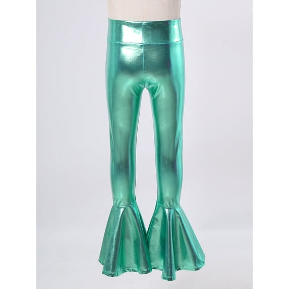 Zaldita Kids Girls Shiny Metallic Flare Pants Ruffle Hem Bell-bottom Pants for Jazz Hip Hop Modern Performance Dance wear Lake Green 10