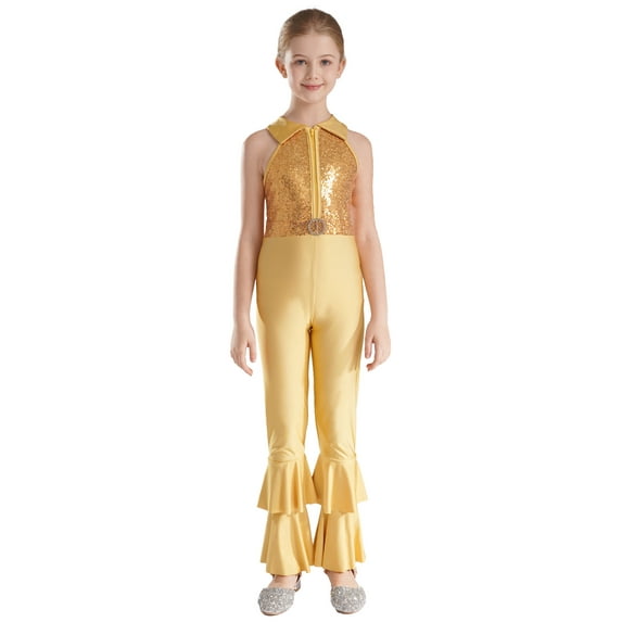 Zaldita Kids Girls Shiny Metallic Sequin Gymnastics Leotard Bell-bottom Full Body Unitard Bodysuit Ballet Jazz Dance Costume A Gold 14