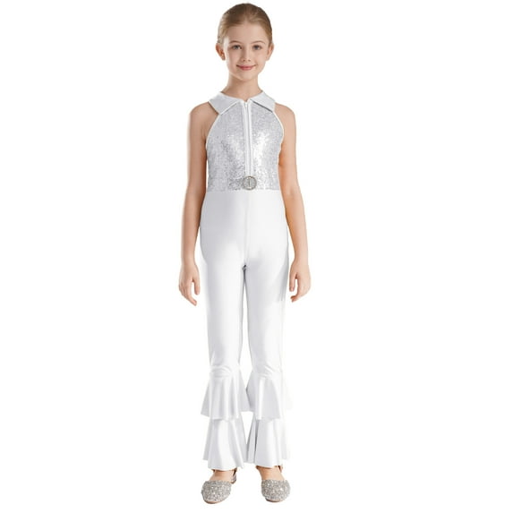 Zaldita Kids Girls Shiny Metallic Sequin Gymnastics Leotard Bell-bottom Full Body Unitard Bodysuit Ballet Jazz Dance Costume Silver 10