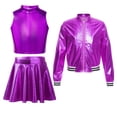 thumbnail image 1 of Zaldita Kids Girls Shiny Metallic Sleeveless Crop Tops Long Sleeve Bomber Jacket with Skater Skirt Set Performance Costume Purple 10, 1 of 6