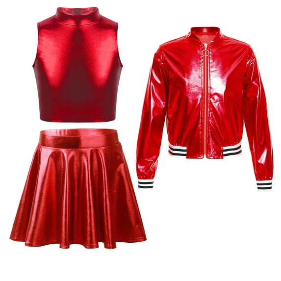 Zaldita Kids Girls Shiny Metallic Sleeveless Crop Tops Long Sleeve Bomber Jacket with Skater Skirt Set Performance Costume Red 16
